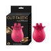 Pink tulip-shaped finger massager with textured tips shown next to its black and gold Clit-Tastic branded packaging.