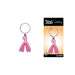 Pink enamel clitoris-shaped keychain with silver ring, shown loose and on Wood Rocket branded packaging.