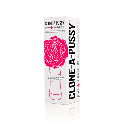 Clone-A-Pussy Plus+ Sleeve Kit packaging featuring bold pink floral design and black text on white box.