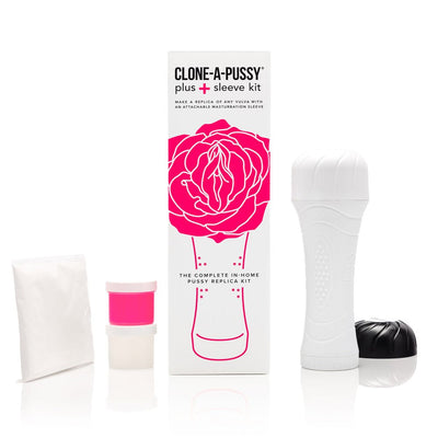 Clone-A-Pussy Plus+ Sleeve Kit with molding powder, silicone containers, and white pleasure sleeve with black cap on white background.