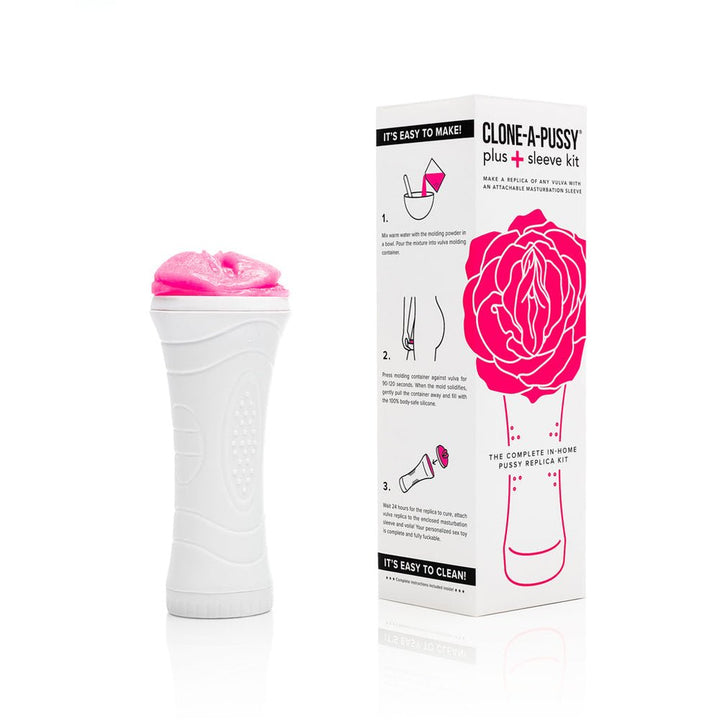 Clone-A-Pussy Plus+ Sleeve Kit with white molding container and hot pink silicone replica next to product packaging box.