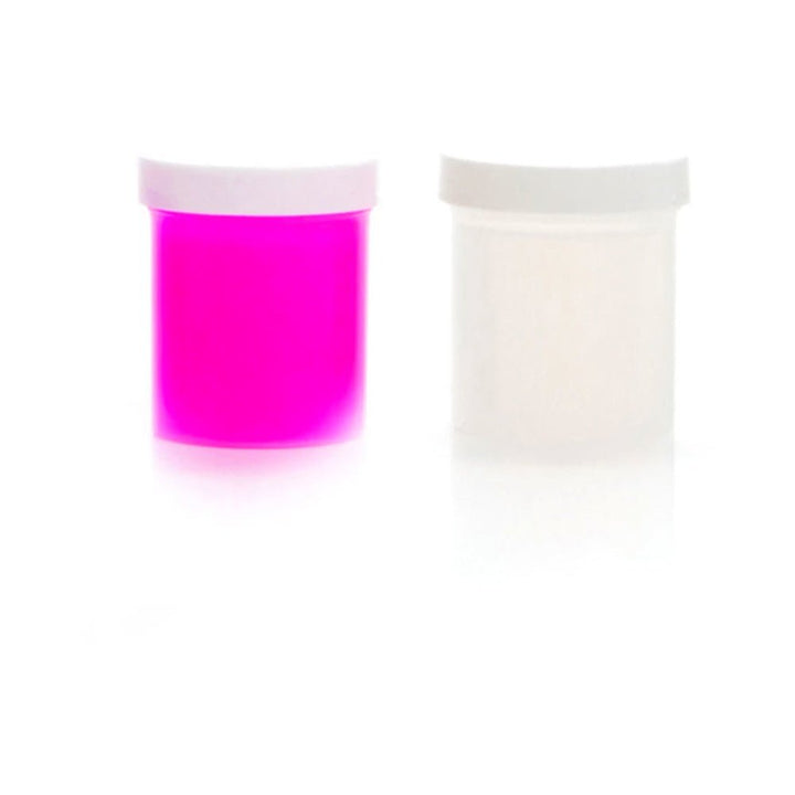 Two small containers of Clone-a-Willy silicone refill, one bright purple and one clear, with white lids on a white background.