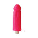 Bright pink silicone vibrating dildo replica with a white base control knob on a white background.