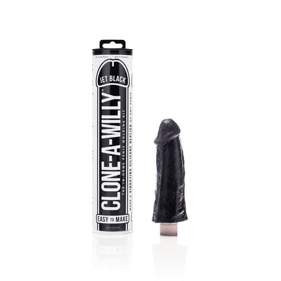 Clone-A-Willy Jet Black vibrating silicone dildo mold kit with black silicone replica on white background.