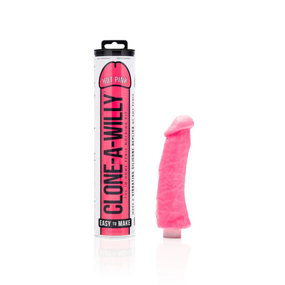 Clone-A-Willy Vibrating Kit in hot pink with packaging tube and pink silicone dildo replica on white background.