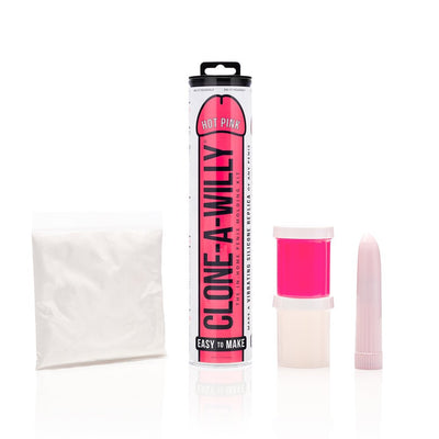Clone-A-Willy Vibrating Kit with hot pink silicone, molding powder, and single-speed vibrator for custom dildo creation.