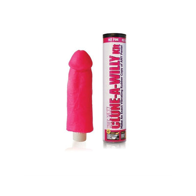 Hot pink vibrating silicone dildo and packaging tube for Clone-A-Willy custom mold kit.