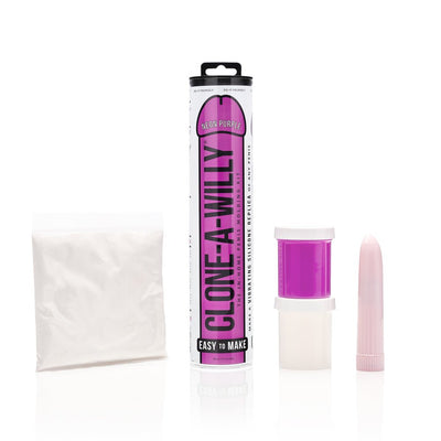 Clone-A-Willy Vibrating Kit with molding powder, purple silicone container, and pink single-speed vibrator on white background.