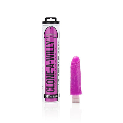 Clone-A-Willy DIY kit packaging with neon purple vibrating silicone dildo replica and easy-to-make label on white background.