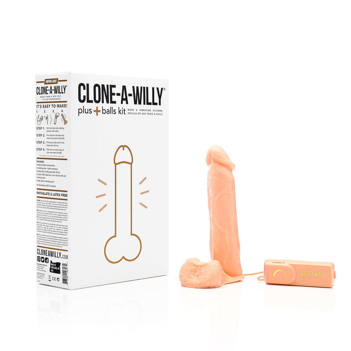 Clone A Willy Plus Balls Light Skin Kit packaging with a realistic silicone vibrating replica and remote control on a white background.