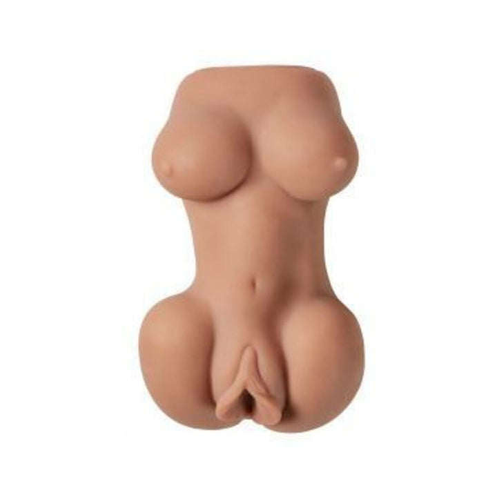 Tan mini body dual stroker featuring detailed breasts and dual openings for intimate use.