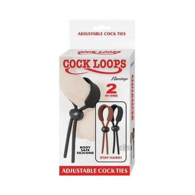 Packaging of Cock Loops Adjustable Cock Ties in brown and black with push button adjustment for a secure fit.
