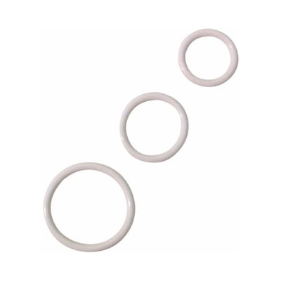 Set of three soft white cock rings in varying sizes displayed on a white background.