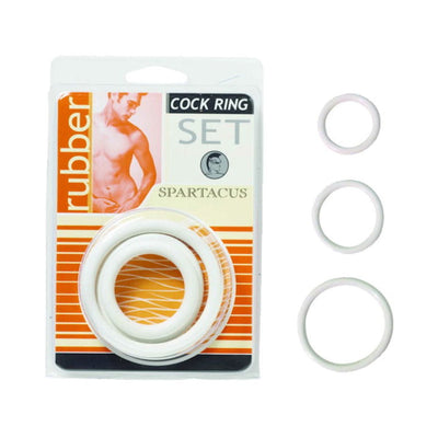 Set of three soft white rubber cock rings in varying sizes with Spartacus branded packaging.