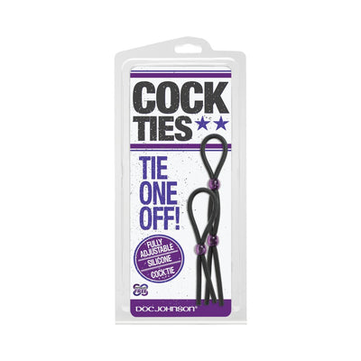 Packaging of black silicone adjustable cock ties with purple sliders by Doc Johnson