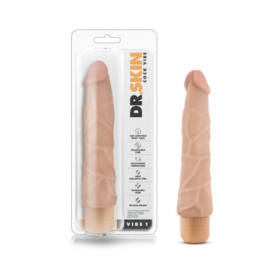 Beige realistic 9-inch vibrator with adjustable multi-speed vibrations shown in and out of clear packaging.