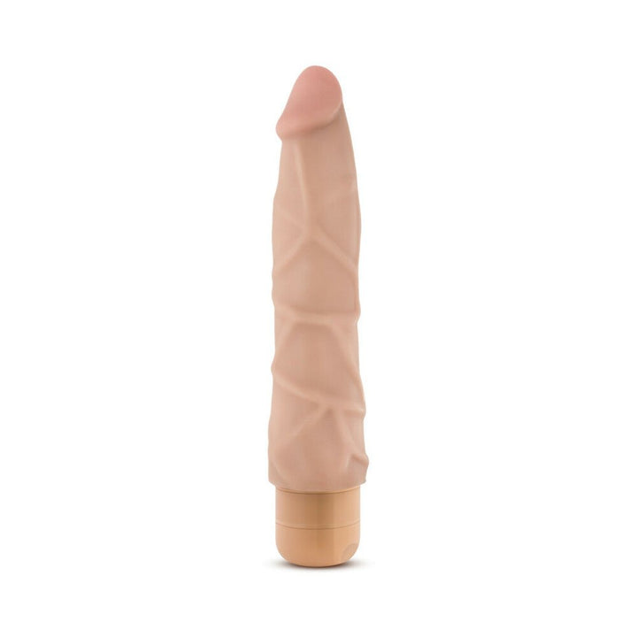 Beige realistic 9-inch vibrator with textured veins and twist dial base for adjustable vibrations.