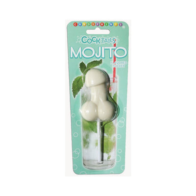 Mojito-flavored novelty lollipop shaped with playful design in clear packaging on mint green background.