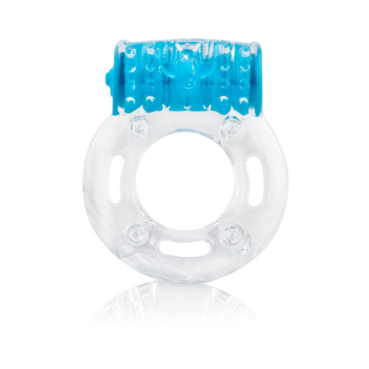 Clear and blue vibrating erection ring with textured top for enhanced sensations and a stretchy, snug fit design.