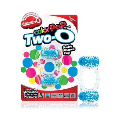 Colorpop Quickie Two-O Double Pleasure Ring in green-blue with dual motors, packaged and displayed separately.