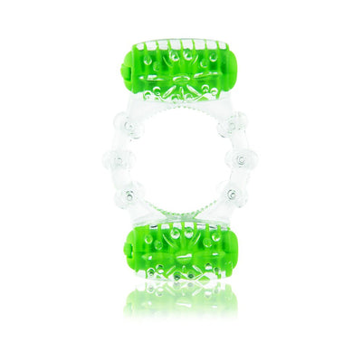 Clear and green textured vibrating pleasure ring with dual motors and stretchy design for couples' use.