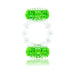 Clear and green textured vibrating pleasure ring with dual motors and stretchy design for couples' use.