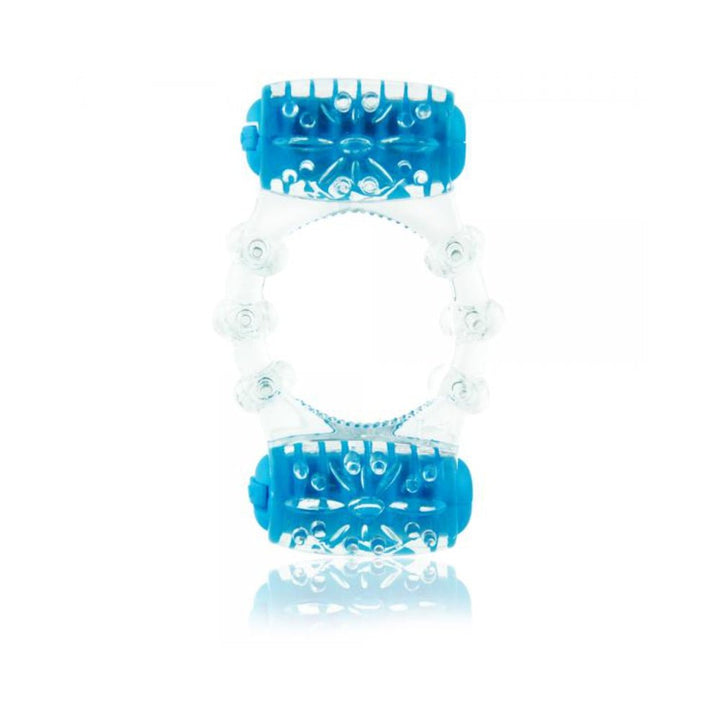 Transparent and blue vibrating double pleasure ring with textured surface and dual motors for enhanced stimulation.