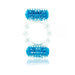 Transparent and blue vibrating double pleasure ring with textured surface and dual motors for enhanced stimulation.
