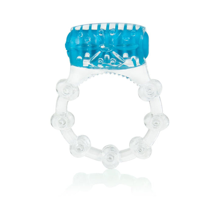 Clear vibrating ring with textured blue motor and raised nodules around the band for enhanced stimulation.