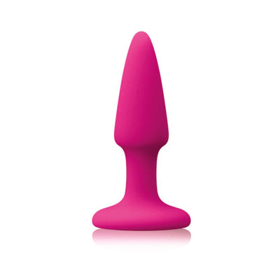 Bright pink mini plug with smooth tapered design and flared base on white background.