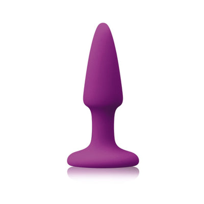 Purple silicone mini plug with tapered tip and flared base for comfortable use.