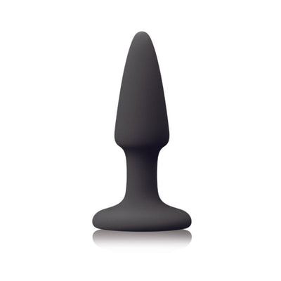 Black silicone mini plug with tapered tip and flared base on a white background.