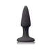 Black silicone mini plug with tapered tip and flared base on a white background.