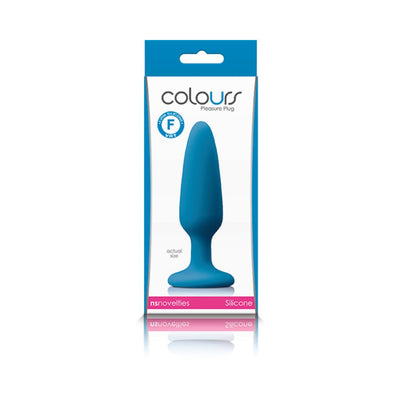 Blue silicone small plug with suction cup base shown in Colours Pleasure Plug packaging.