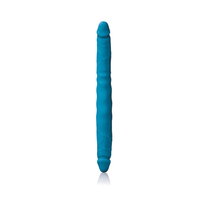 Blue double-ended silicone pleasure toy with realistic texture and satin finish, 12 inches long.