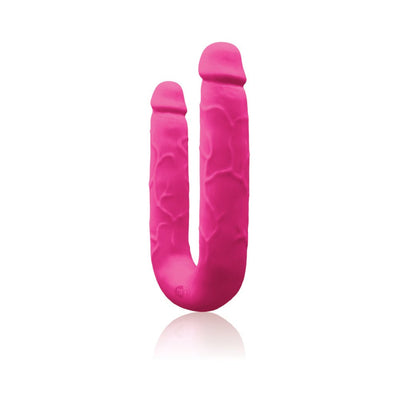 Double-ended pink silicone toy with textured surface designed for versatile intimate use.