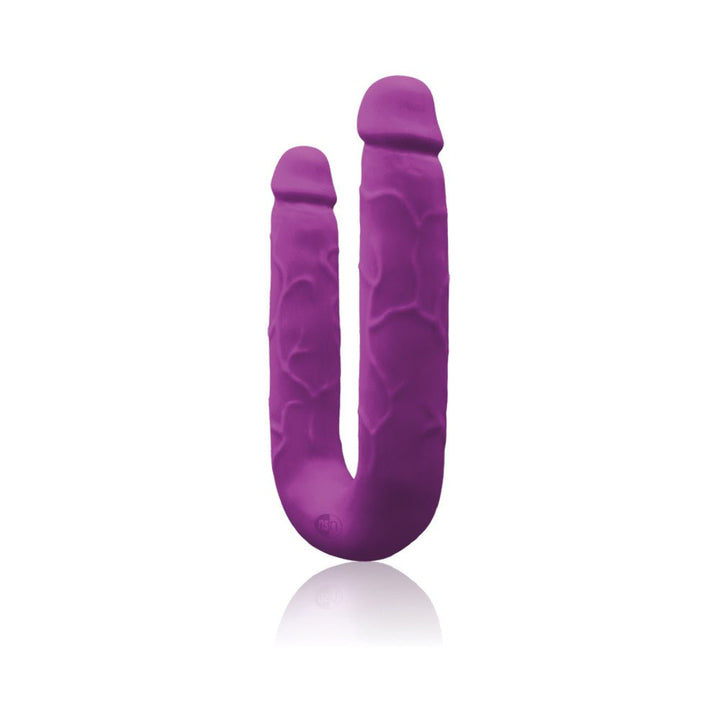 Dual-ended purple double penetration toy with textured surface and realistic design.