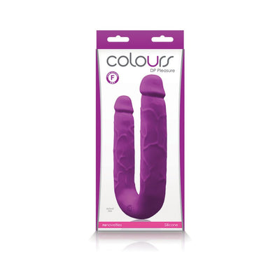 Purple double-ended silicone pleasure toy in U-shape displayed in clear packaging with white and purple accents.