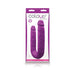 Purple double-ended silicone pleasure toy in U-shape displayed in clear packaging with white and purple accents.