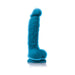 Blue realistic dual density dildo with suction base, textured surface, and lifelike design.