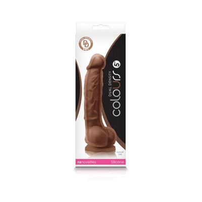 Brown 5-inch dual density silicone dildo with suction cup base in clear retail packaging by NS Novelties.