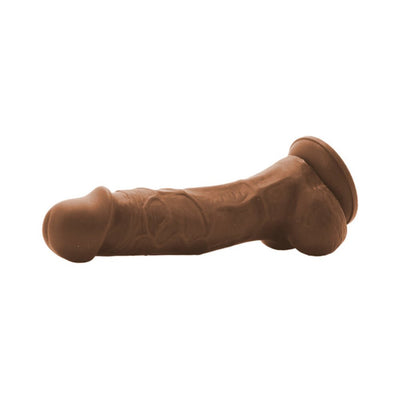 Brown realistic dual density dildo with suction cup base, 5-inch length, detailed texture, and lifelike design.