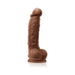 Brown dual-density realistic dildo with suction cup base standing upright on white background