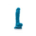 Blue dual density silicone realistic dildo with suction cup base standing upright on white background.