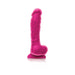 Pink dual density silicone realistic dildo with suction cup base standing upright on white background.