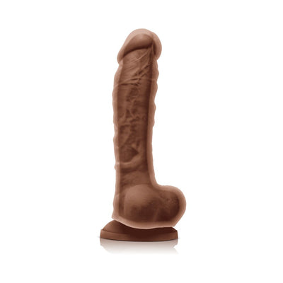 Realistic 8-inch dual density silicone dildo with suction cup base in rich brown color on white background.