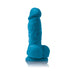 Blue realistic textured dildo with suction cup base on white background