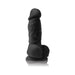 Black realistic textured dildo with suction cup base standing upright on a reflective surface.