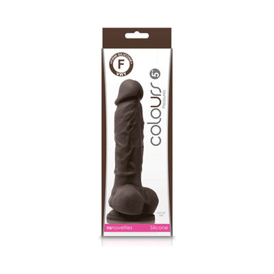 5-inch realistic molded silicone dildo in dark brown with firm texture, packaged in clear display box.