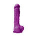 Purple silicone dildo with realistic texture and suction base, 5 inches long for versatile use.